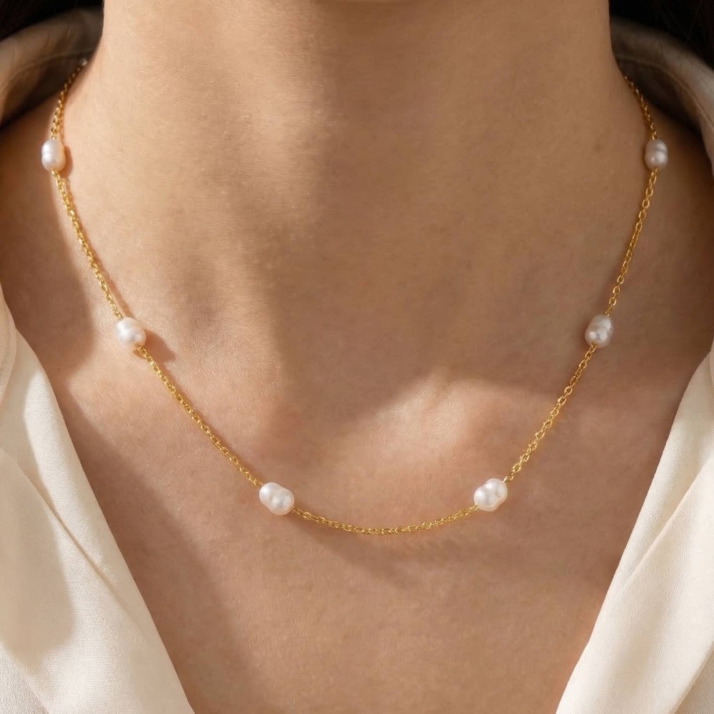 Gold Dipped Pearl Beads Station Chain Necklace