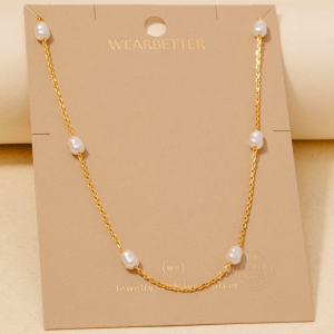 Gold Dipped Pearl Beads Station Chain Necklace