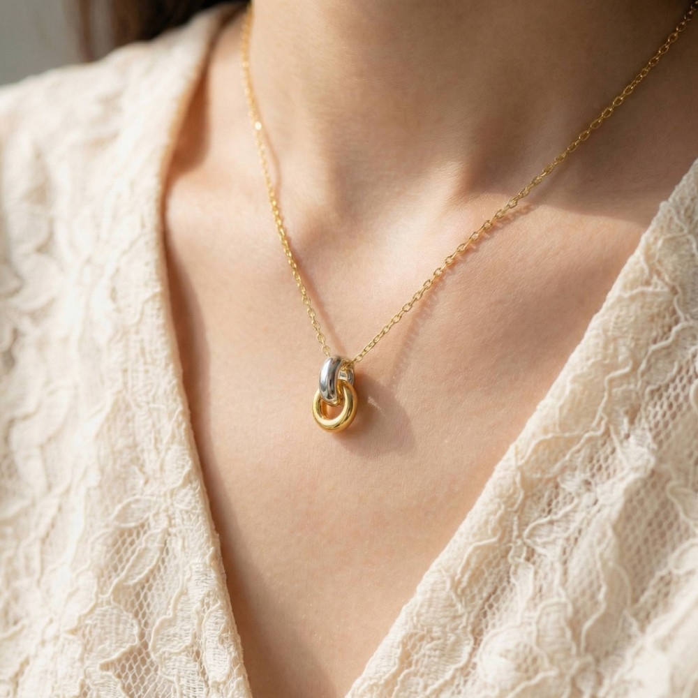 Gold Dipped Two Tone Ring Link Pendant Necklace