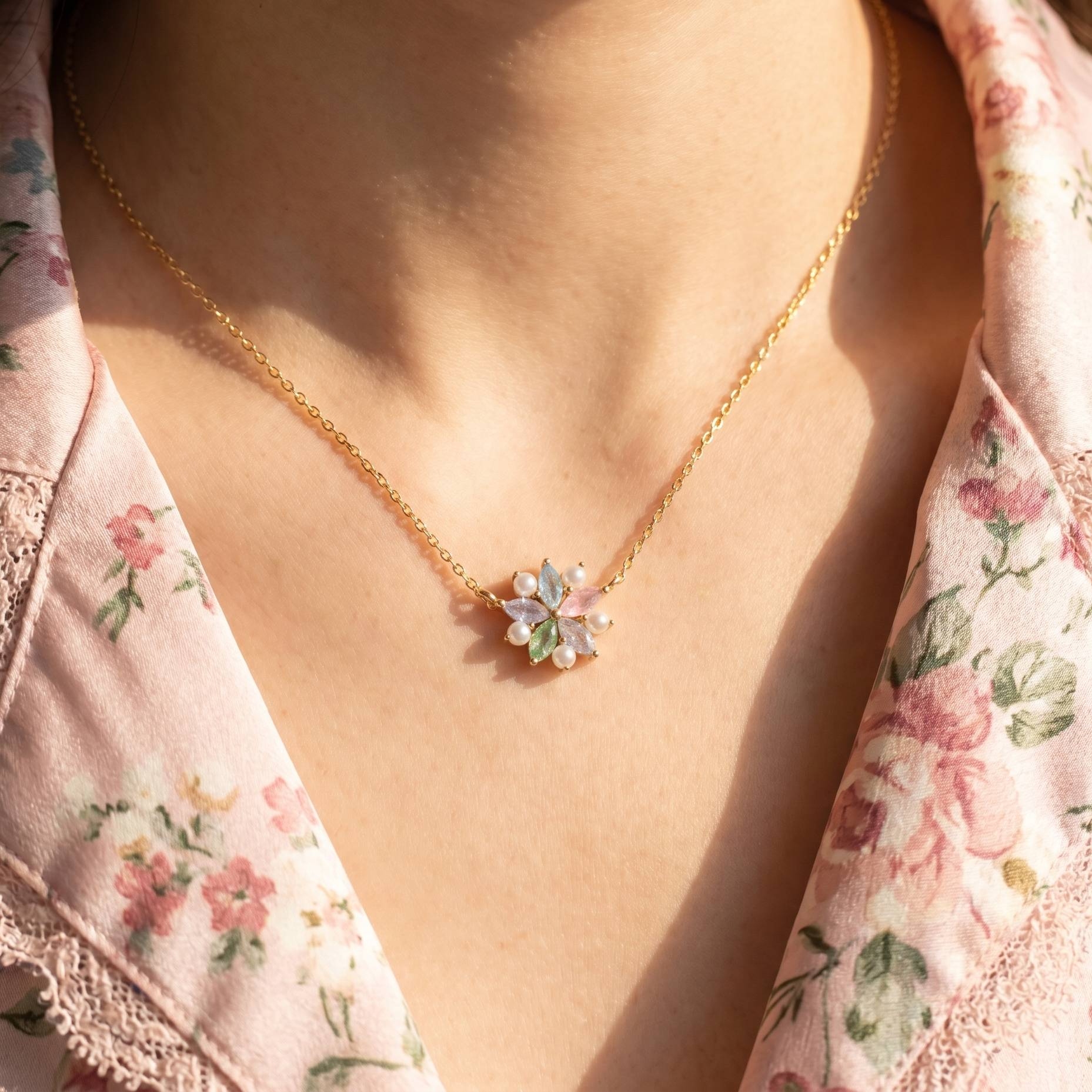 Gold Dipped Cz And Pearl Studded Flower Pendant Necklace