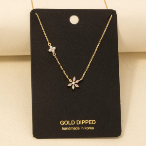 Gold Dipped Cz And Pearl Flower Charms Chain Necklace
