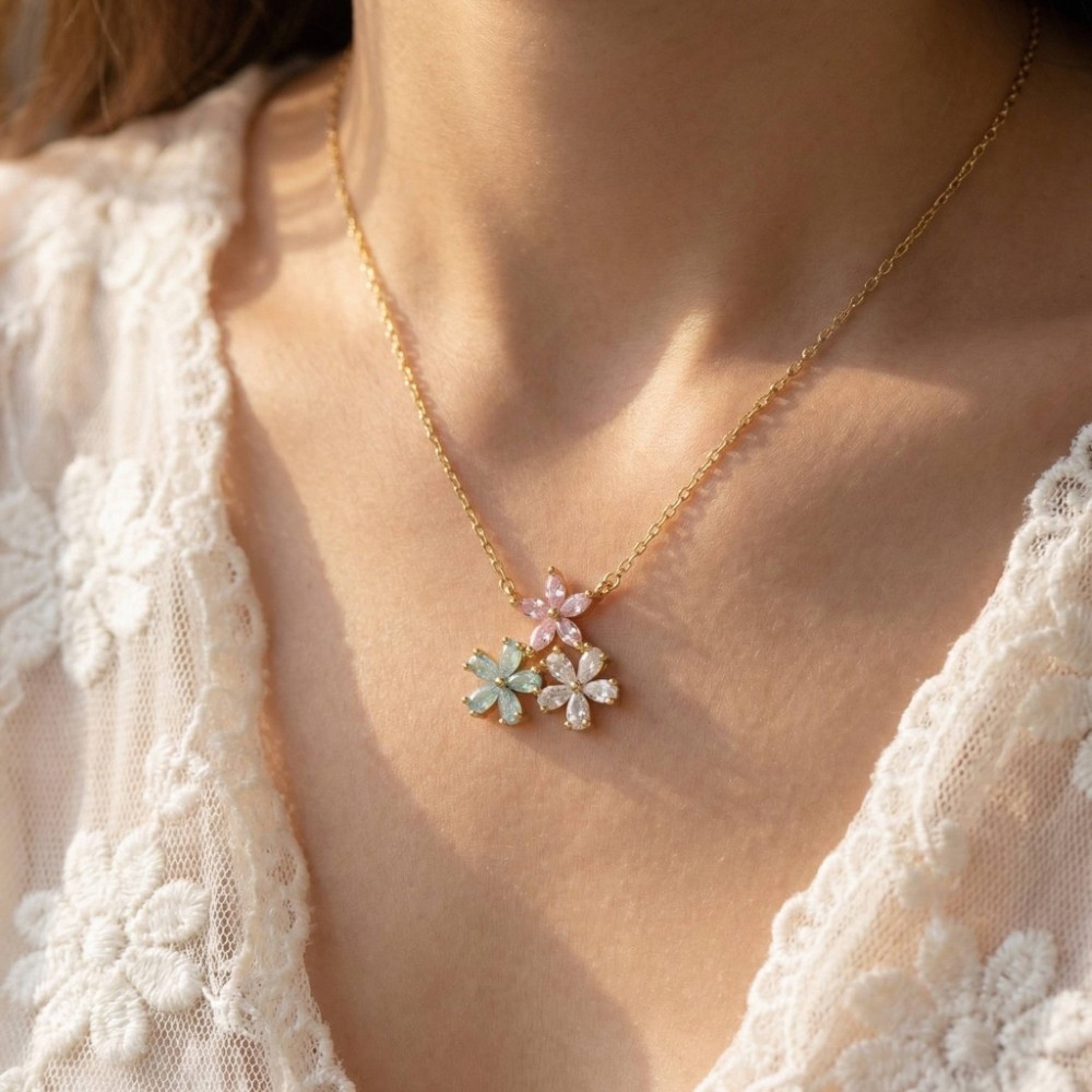 Gold Dipped Triple Cz Flowers Pendant Necklace