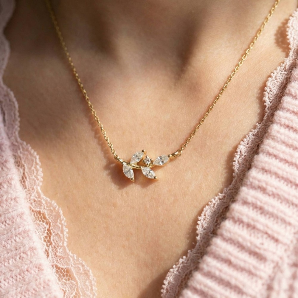 Gold Dipped Cz Leaf Branch Pendant Necklace