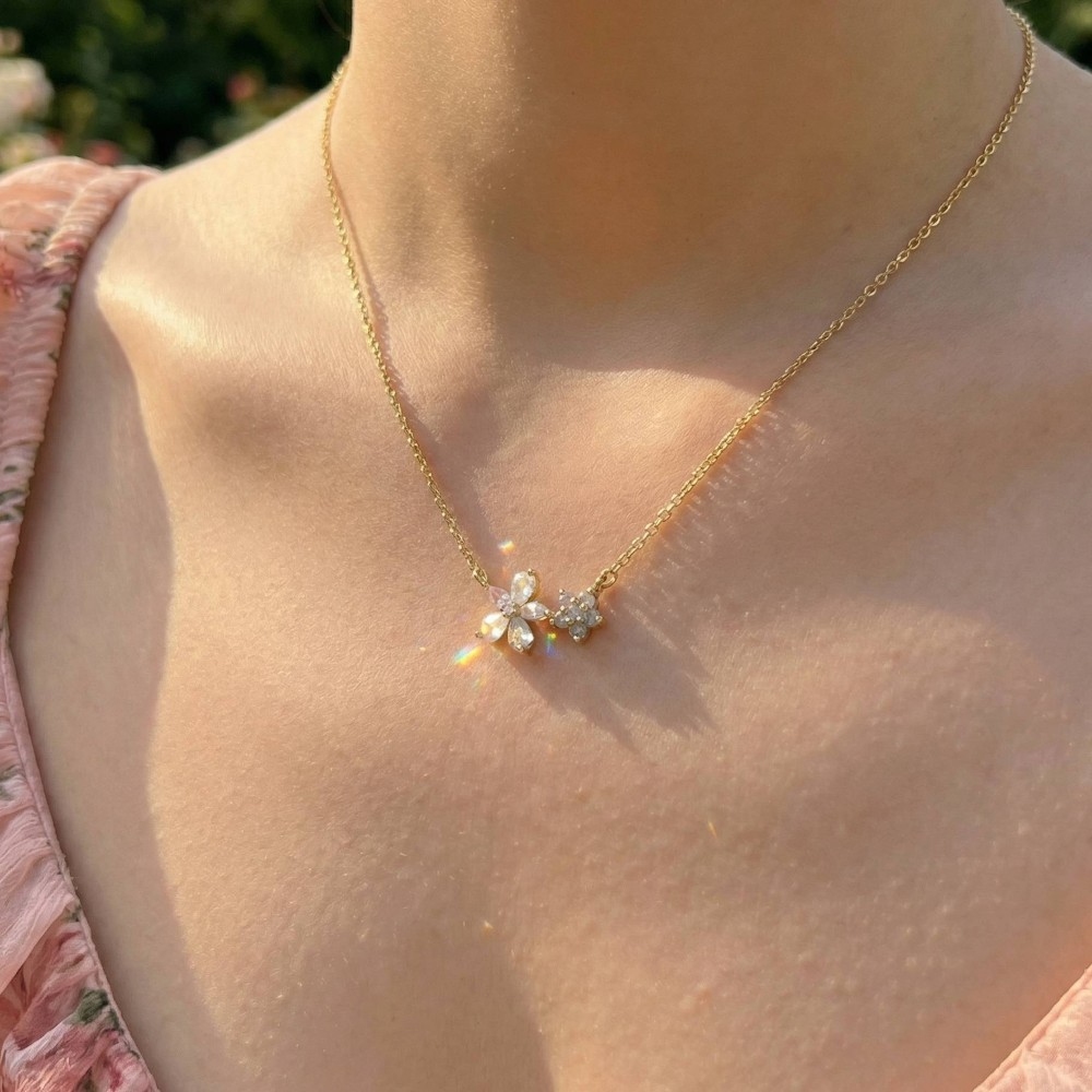 Gold Dipped Double Cz Flowers Pendant Necklace