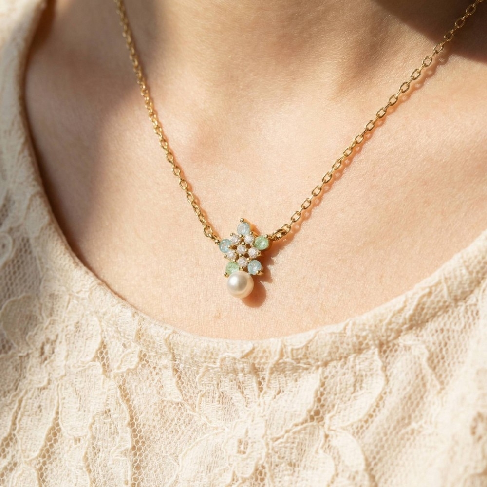 Gold Dipped Cz Flower And Pearl Pendant Necklace