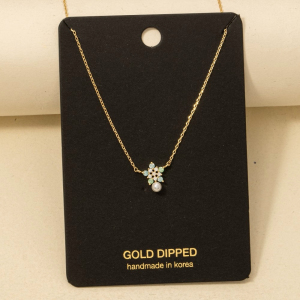 Gold Dipped Cz Flower And Pearl Pendant Necklace
