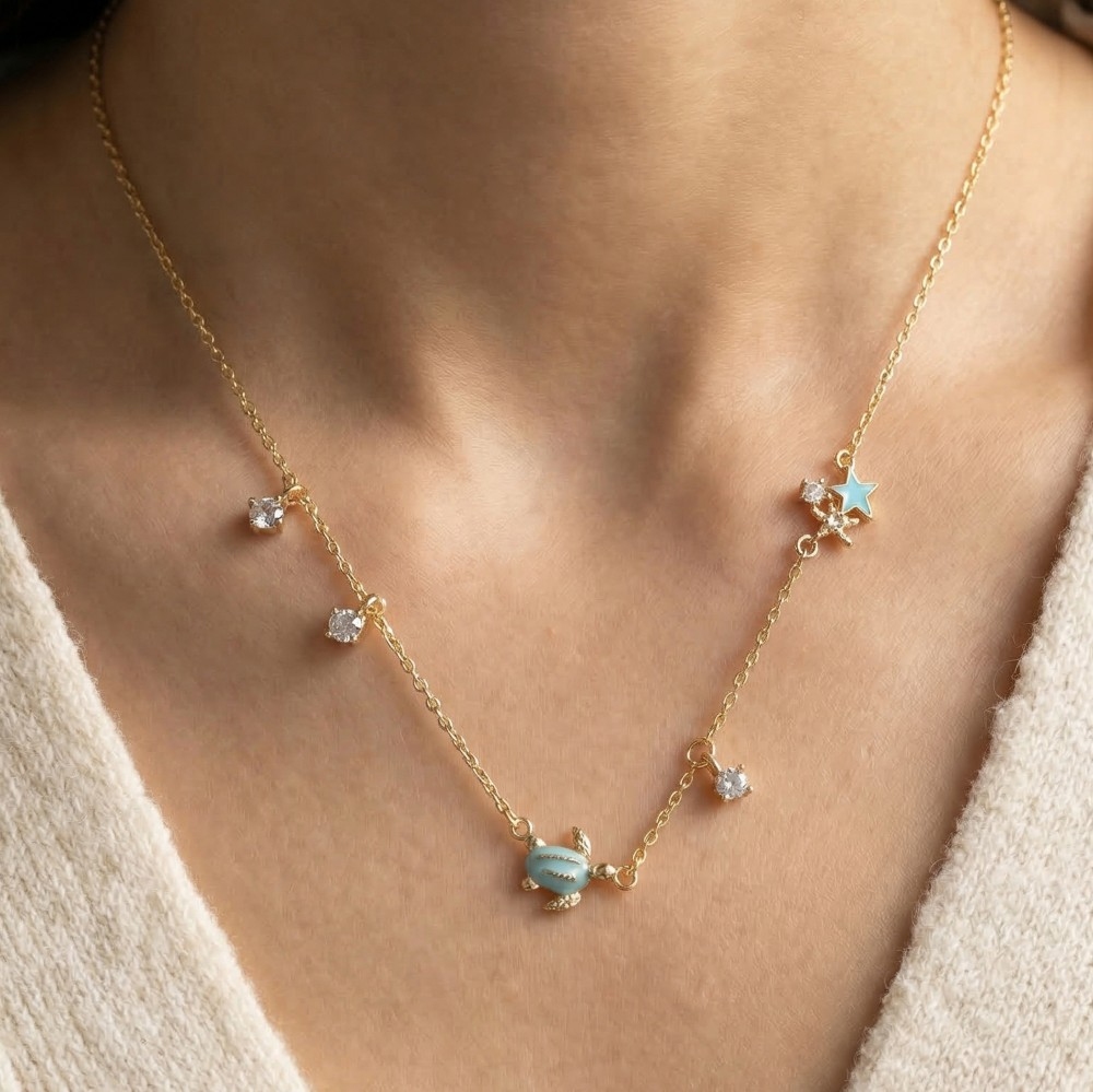 Cz Enamel Turtle Starfish Sea Life Charm Necklace