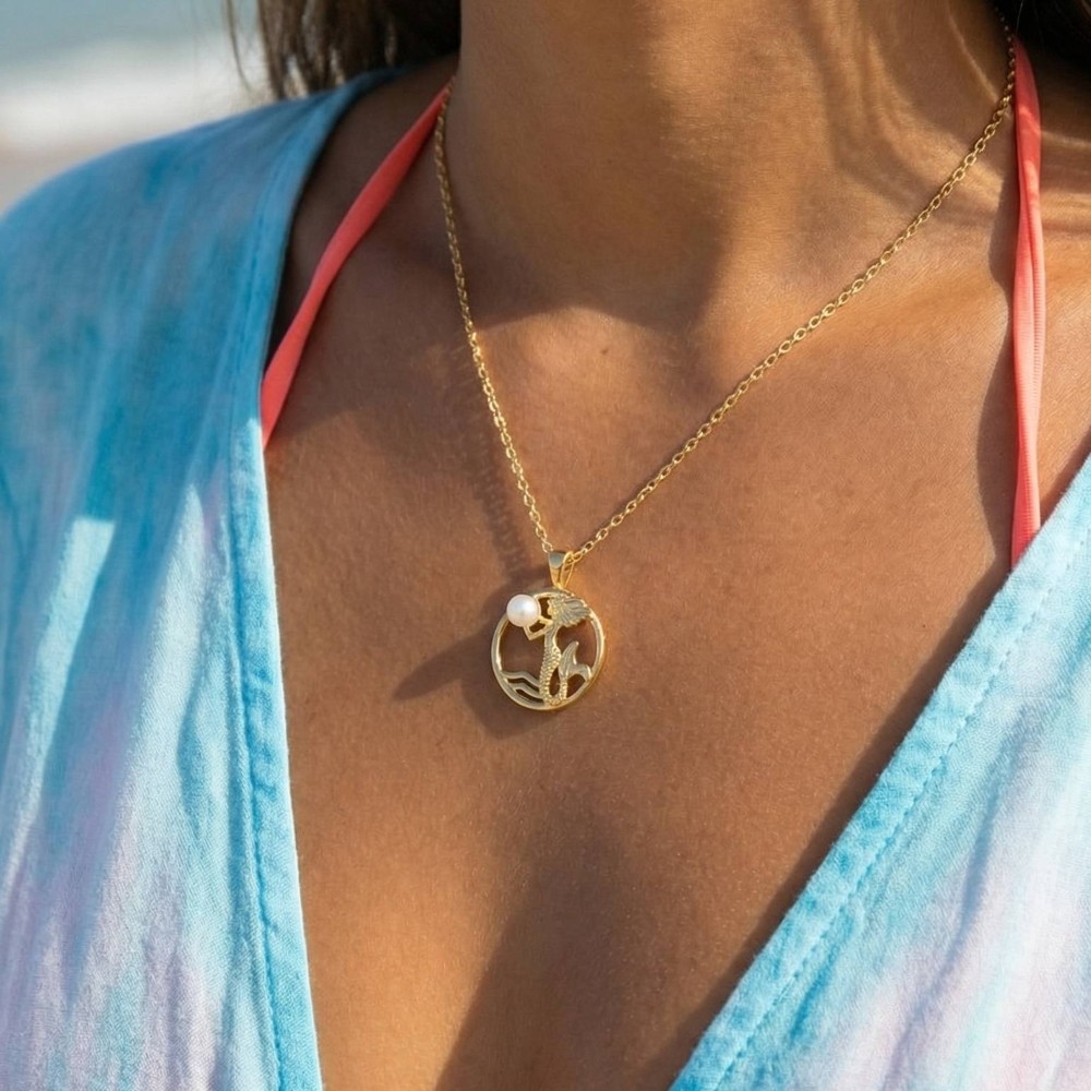 Gold Dipped Pearl Mermaid Pendant Necklace