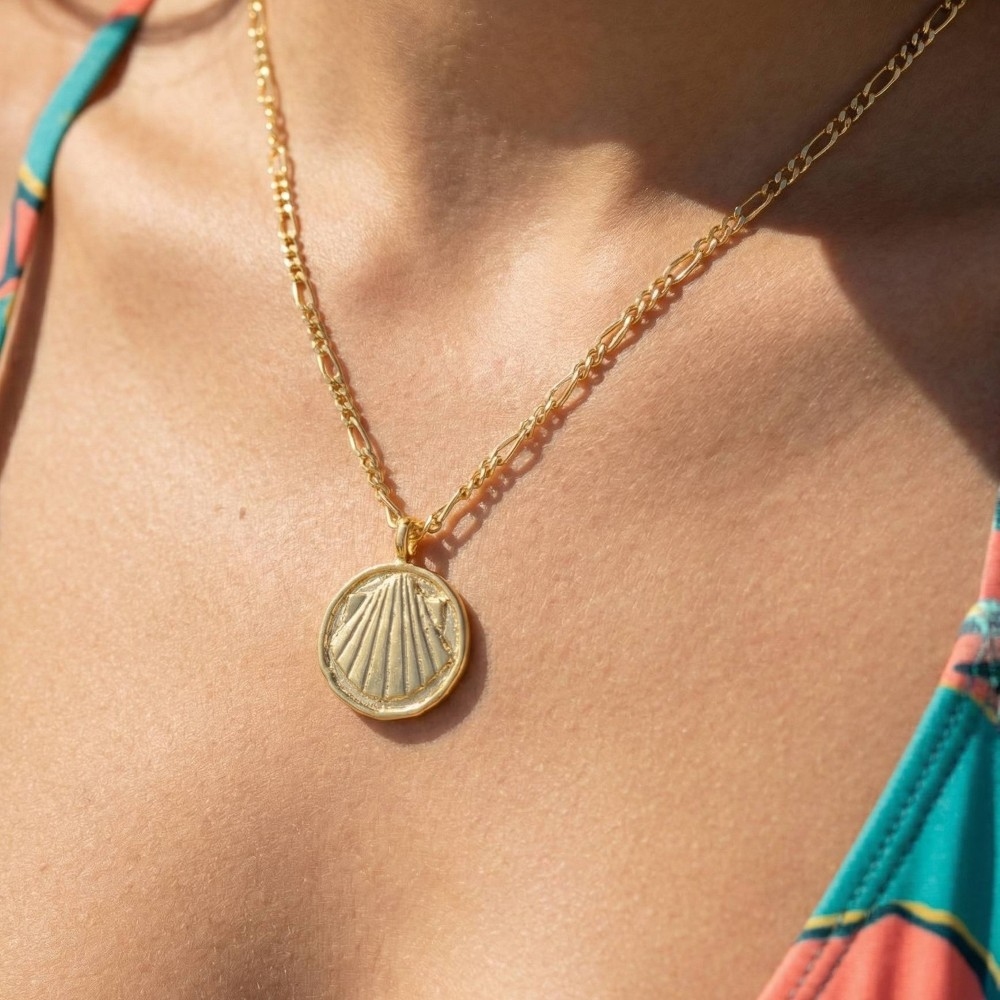 Gold Dipped Stamped Clam Shell Coin Pendant Necklace