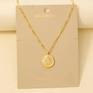 Gold Dipped Stamped Clam Shell Coin Pendant Necklace