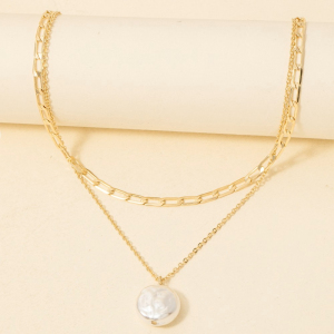 Pearl Coin Pendant Mixed Chain Layered Necklace