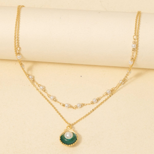 Acrylic Pearl Clam Shell Pendant And Charms Layered Chain Necklace