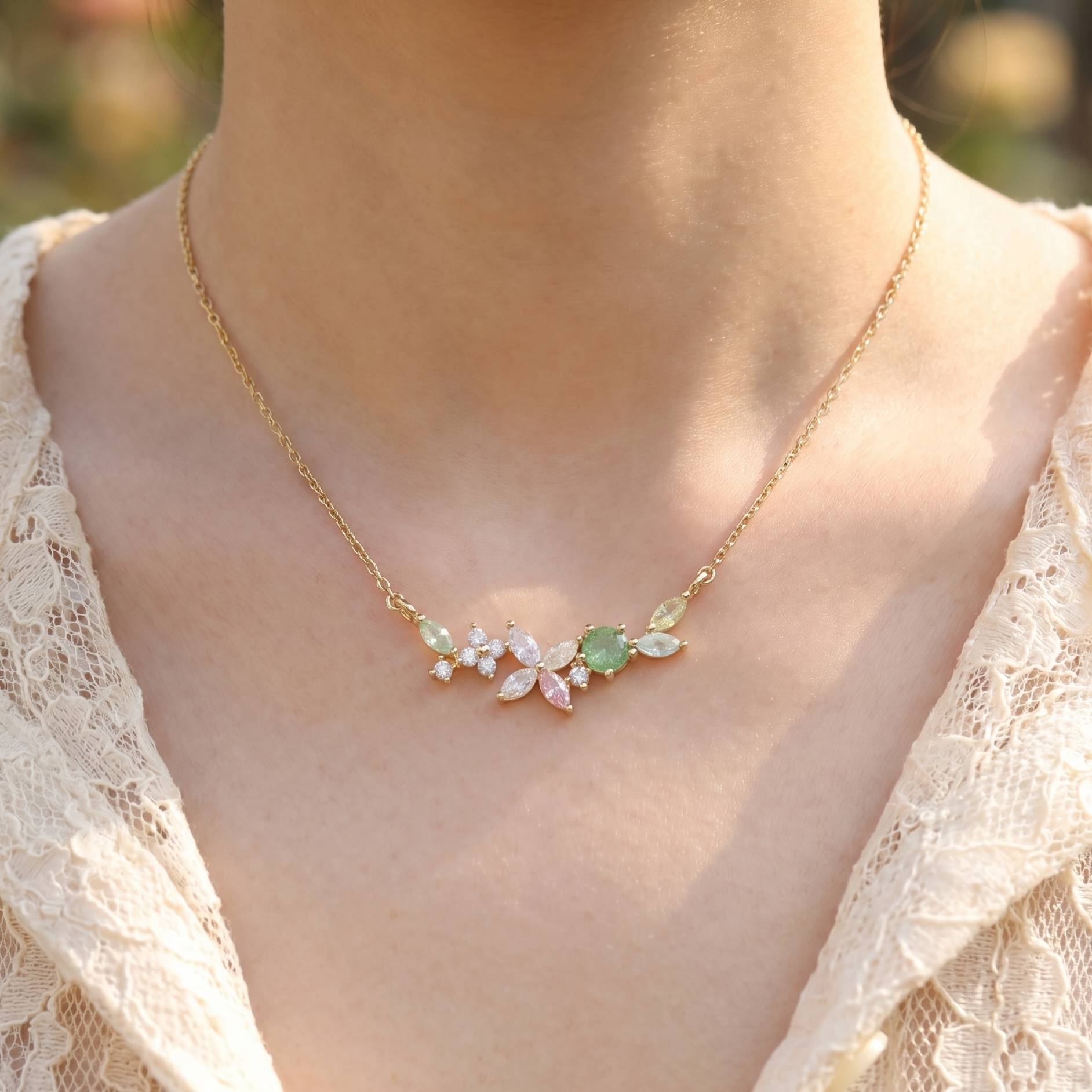 Gold Dipped Cz Butterfly Flower Charm Necklace