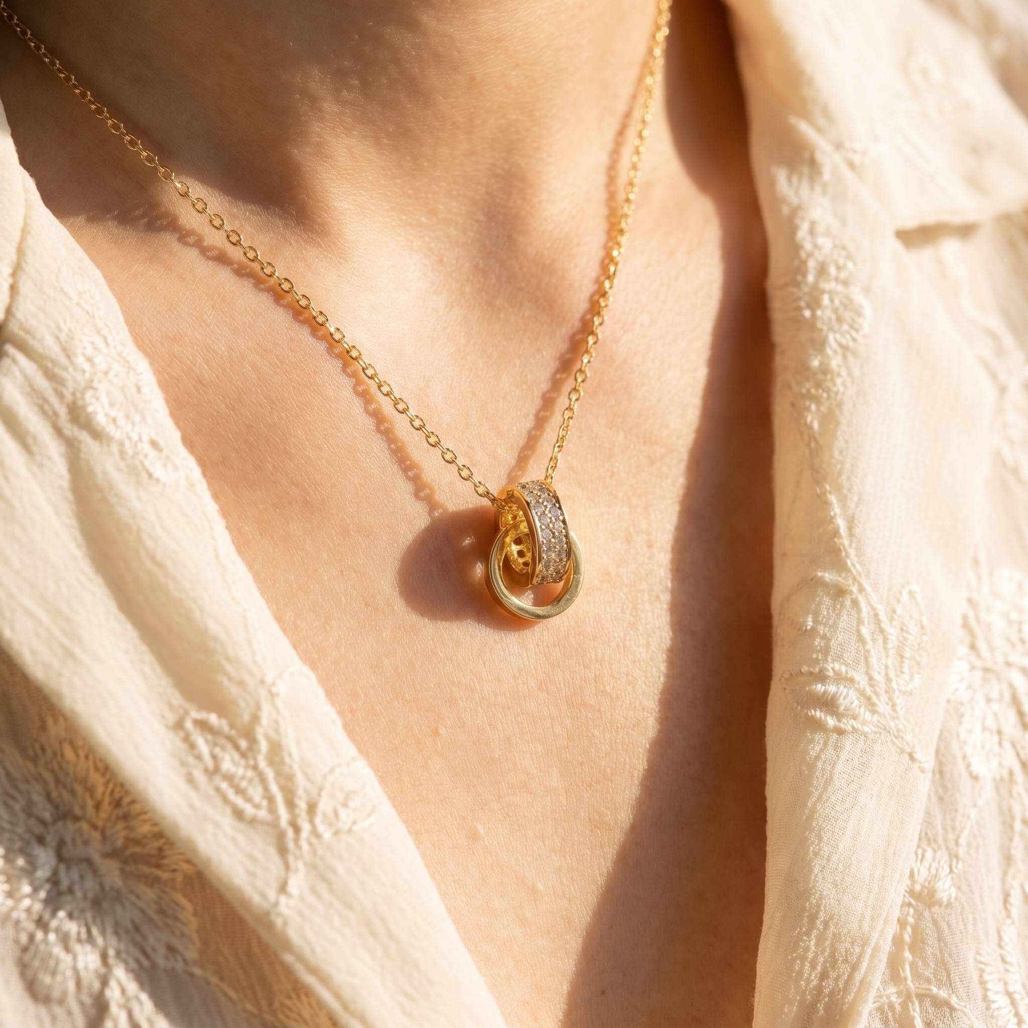 Cz Double Ring Link Pendant Necklace
