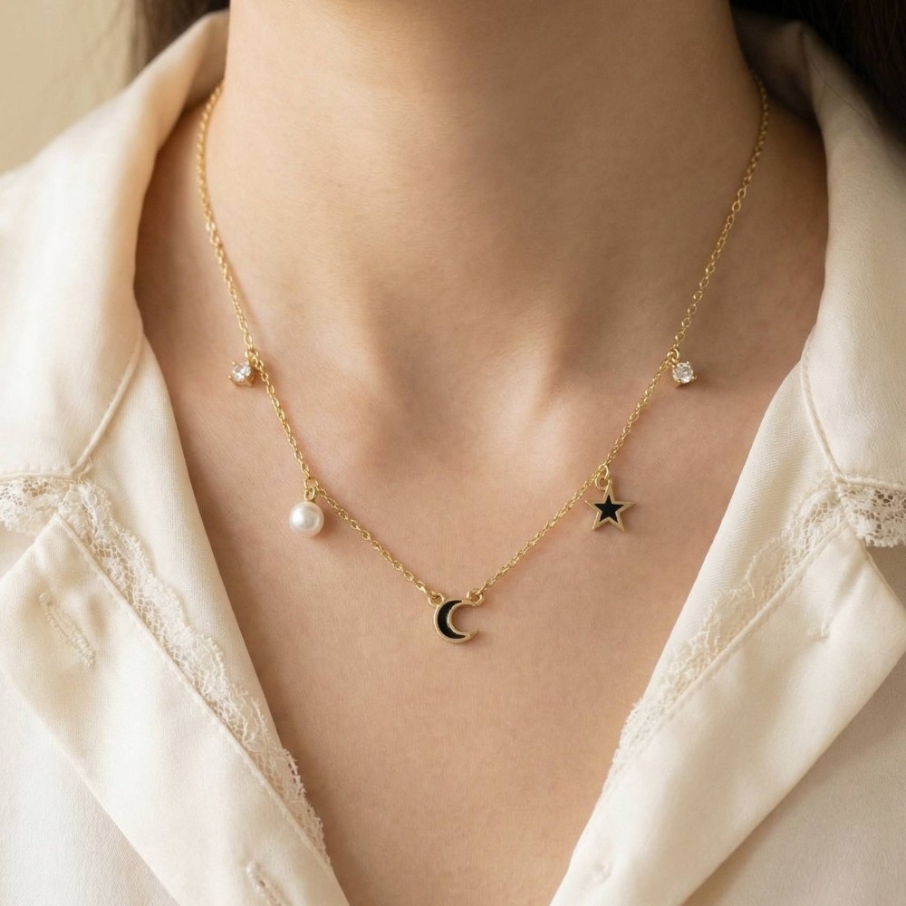 Crescent Moon Stars Charms Necklace