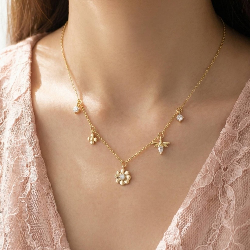 Cz Flower Charms Necklace