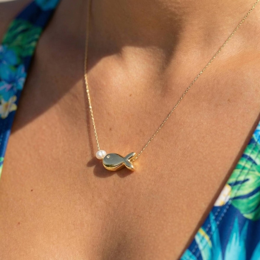 Pearl Bead And Fish Charm Dainty Chain Necklace