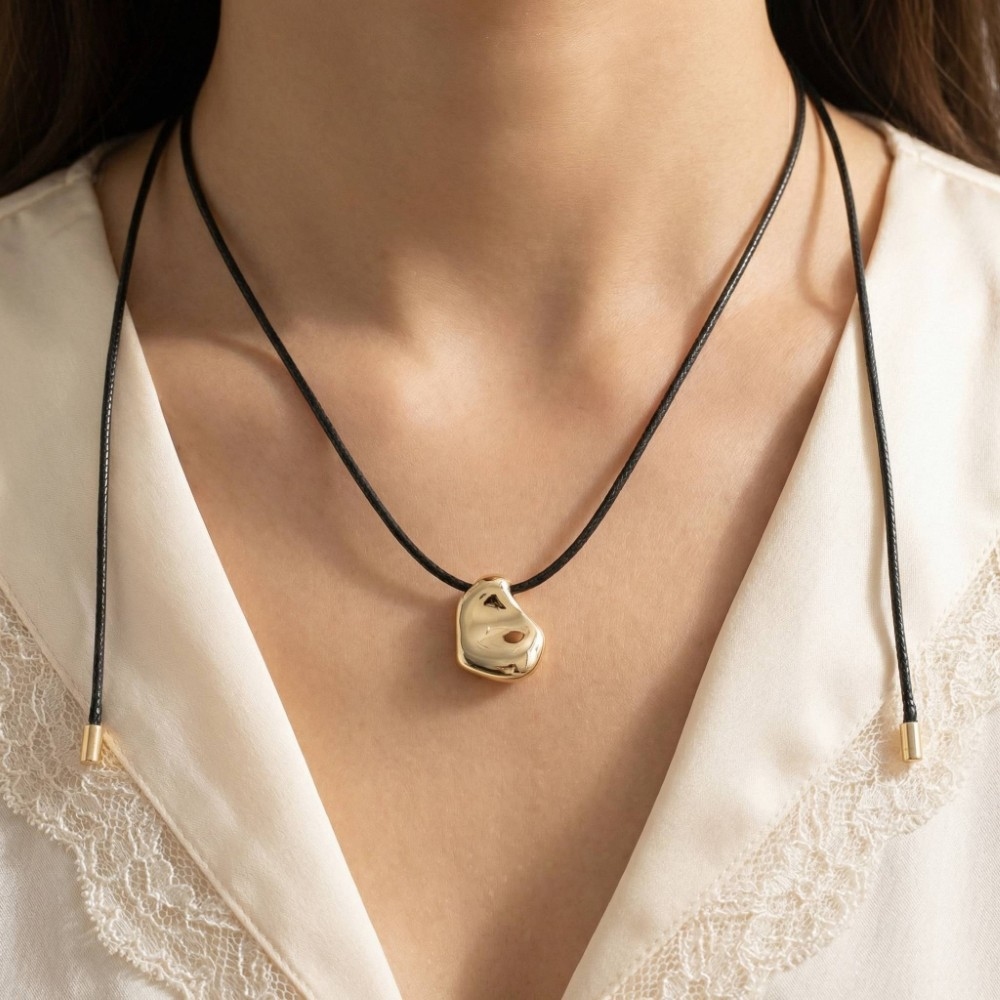 Abstract Metallic Pendant Adjustable Cord Necklace