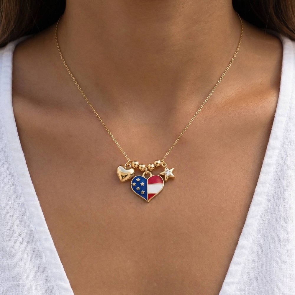 Cz Stud Star And Enamel Usa Heart Charms Chain Necklace