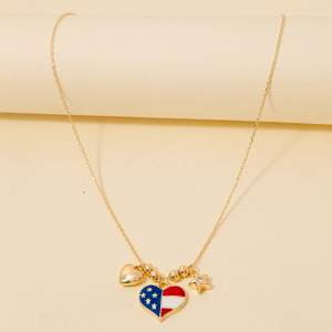 Cz Stud Star And Enamel Usa Heart Charms Chain Necklace