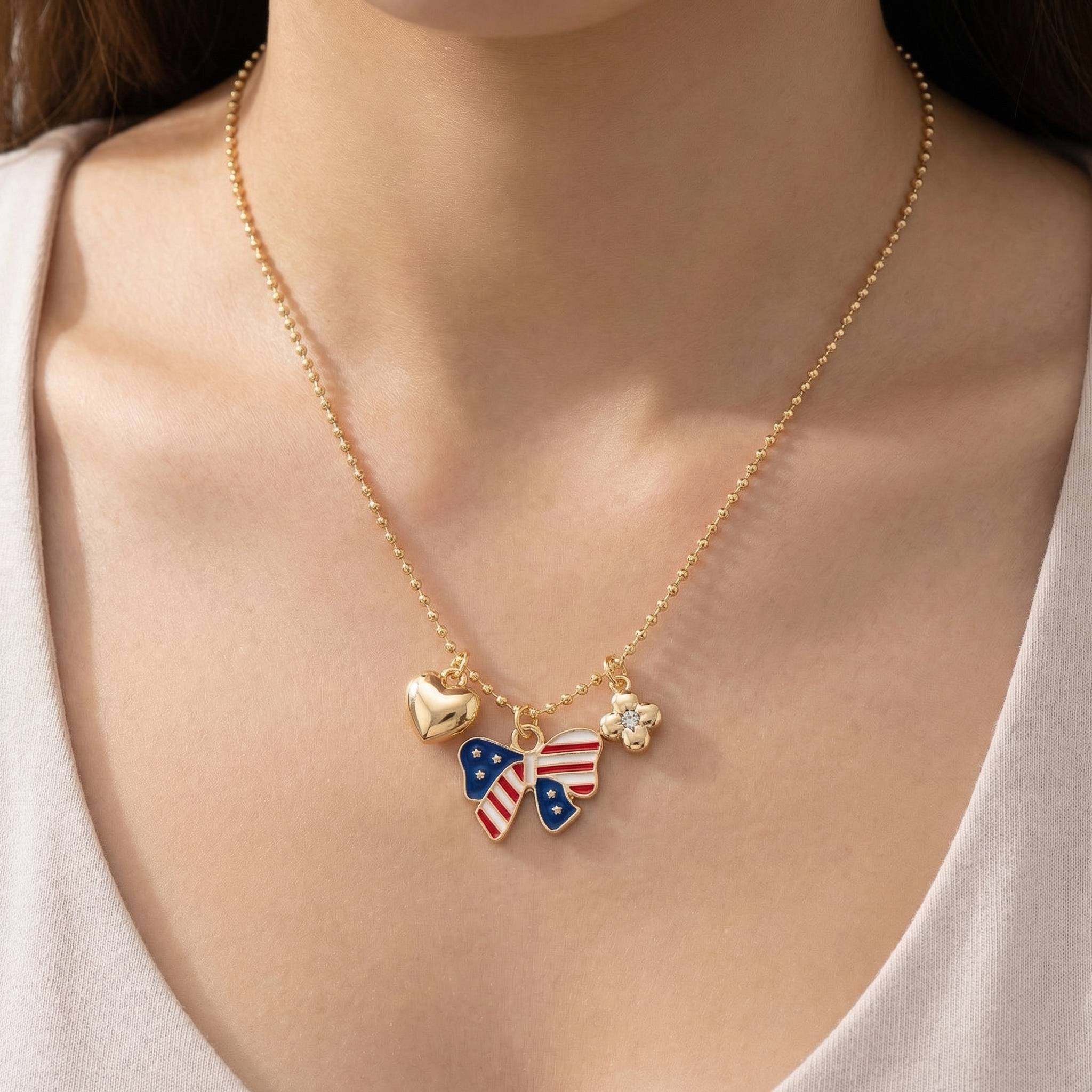 Cz Stud Clover Heart And Enamel Usa Bow Charms Chain Necklace