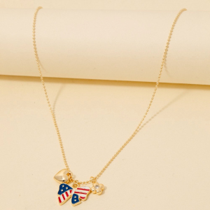 Cz Stud Clover Heart And Enamel Usa Bow Charms Chain Necklace