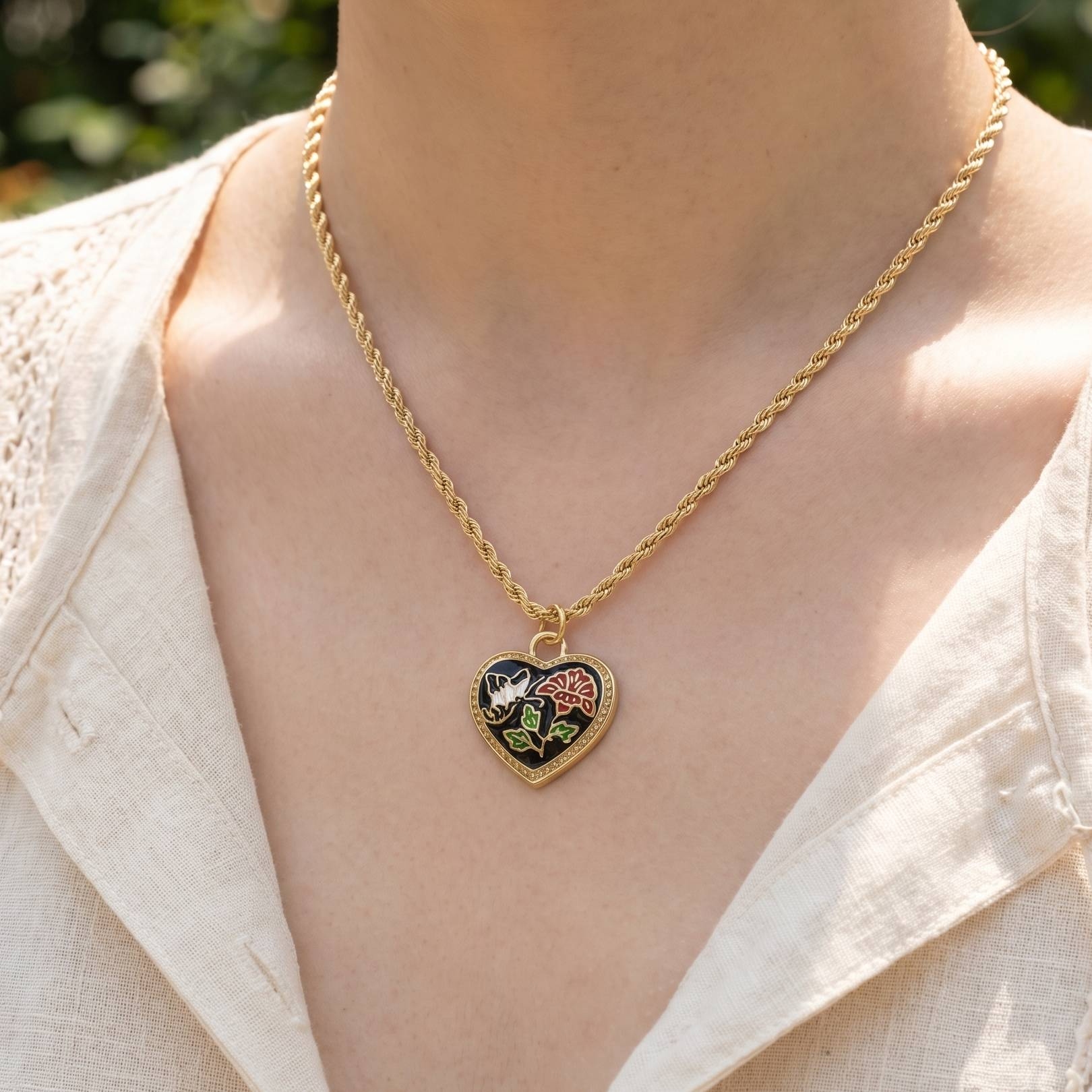 Floral Enamel Heart Pendant Rope Chain Necklace