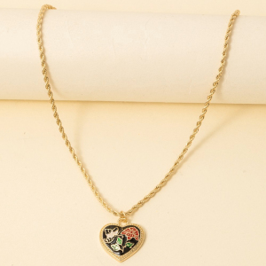Floral Enamel Heart Pendant Rope Chain Necklace