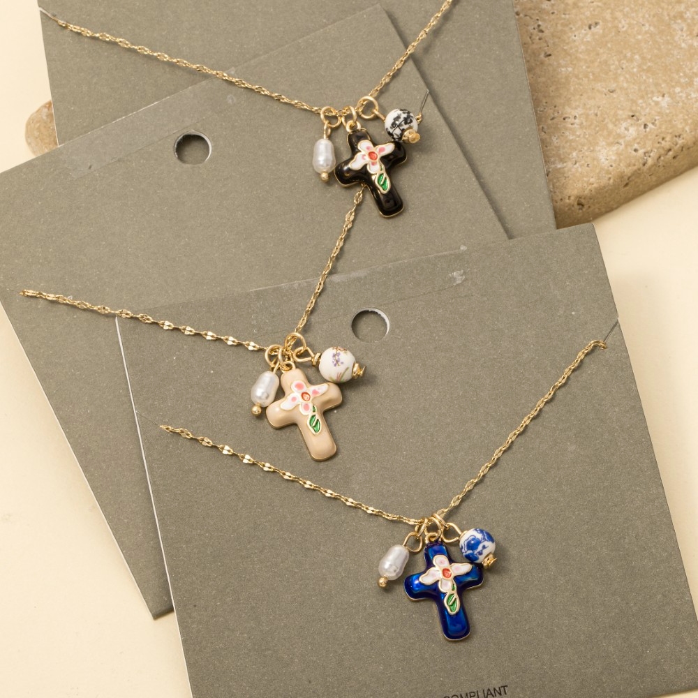 Enamel Cross And Ceramic Floral Charms Chain Necklace
