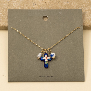 Enamel Cross And Ceramic Floral Charms Chain Necklace