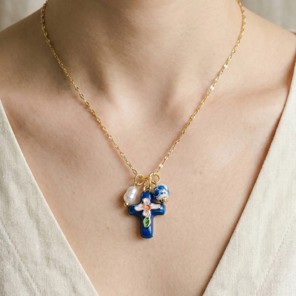 Enamel Cross And Ceramic Floral Charms Chain Necklace