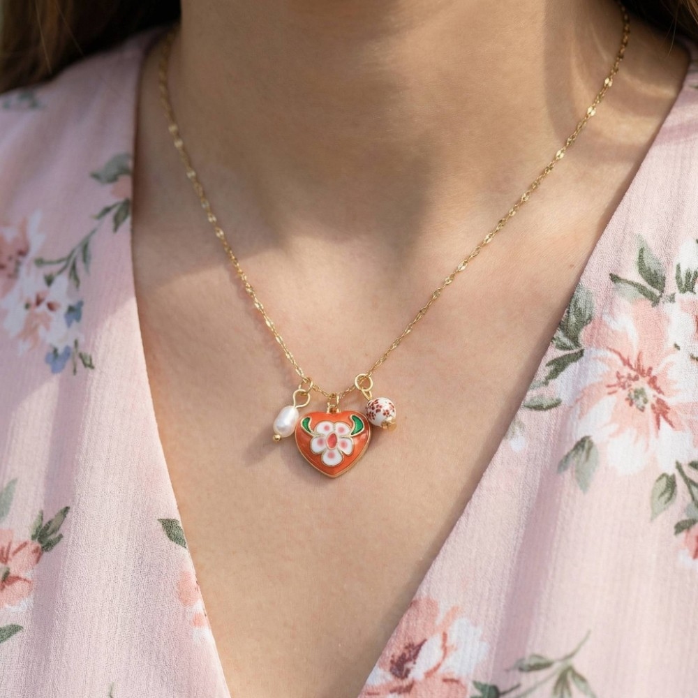 Enamel Heart And Ceramic Floral Charms Chain Necklace