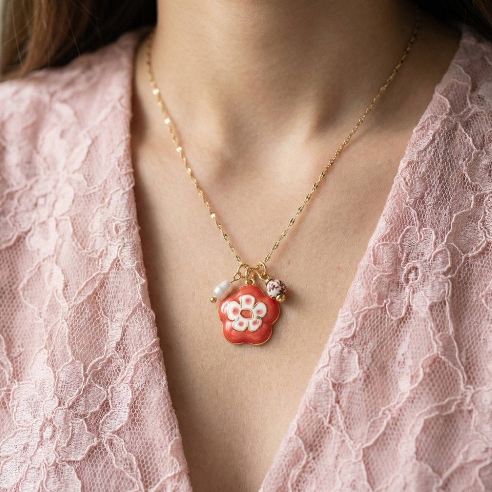 Enamel And Ceramic Floral Charms Chain Necklace