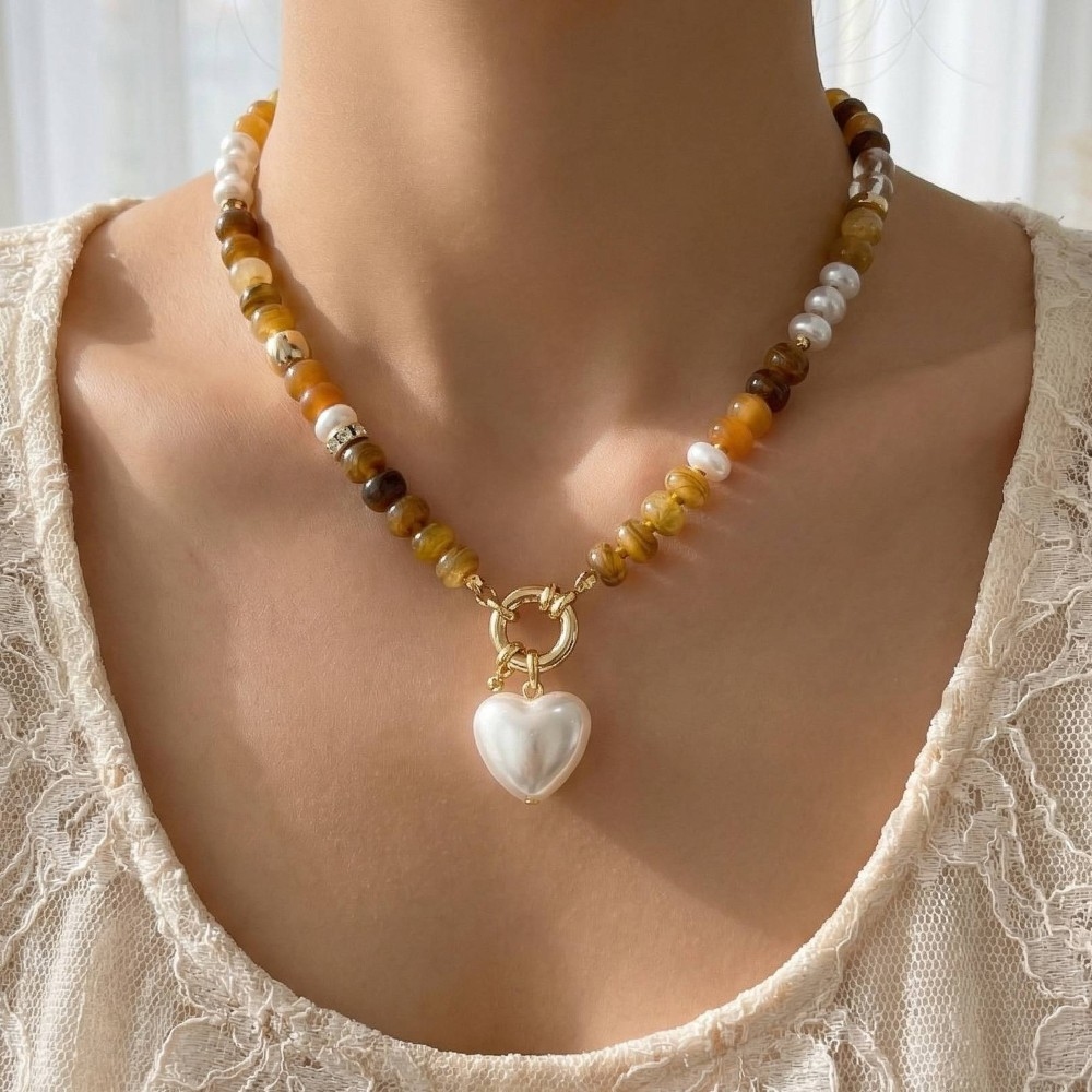 Pearl Heart Pendant Mixed Beaded Necklace