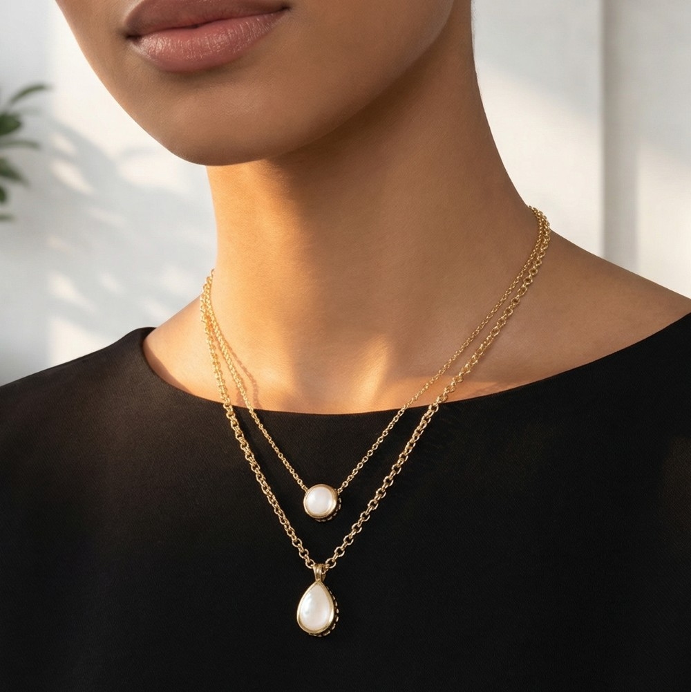 Mother Of Pearl Pendants Layered Chains Necklace