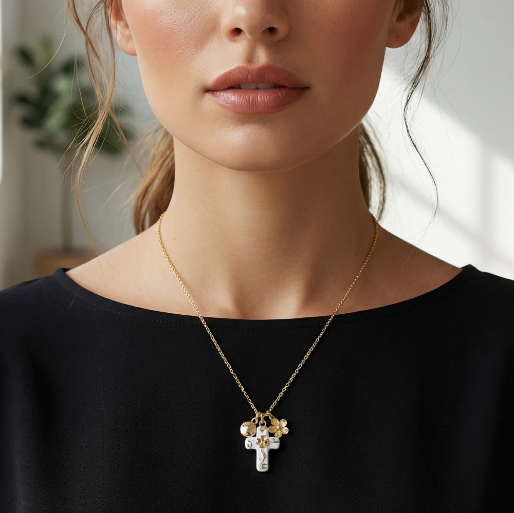 Ceramic Floral Cross And Bead Charms Chain Necklace