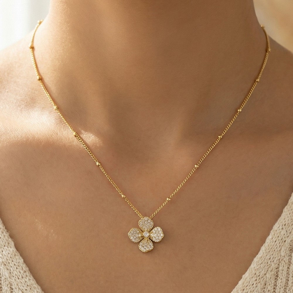 Cz Pave Flower Pendant Satellite Chain Necklace