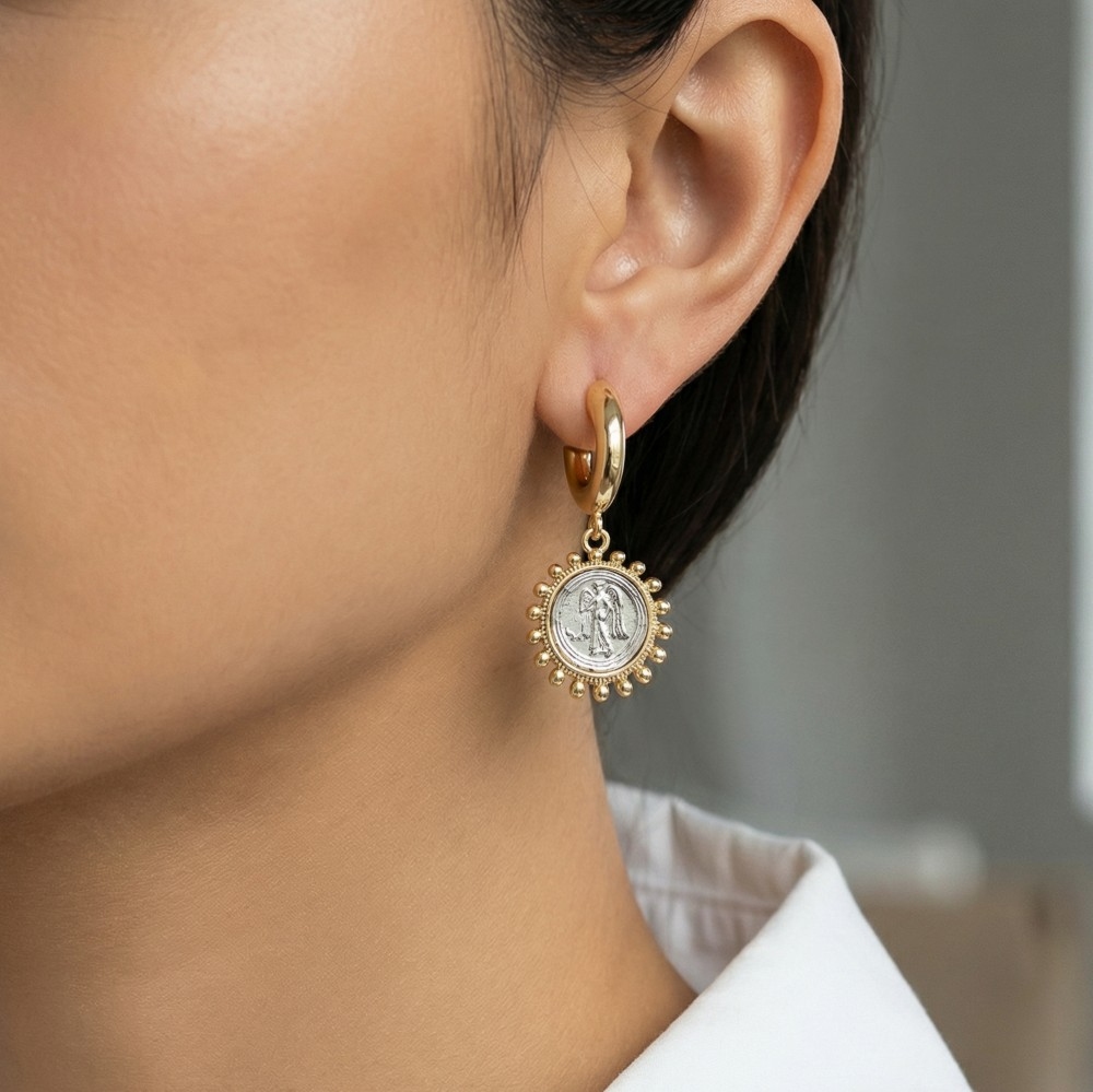 Two Tone Saint Coin Charm Hoop Earrings