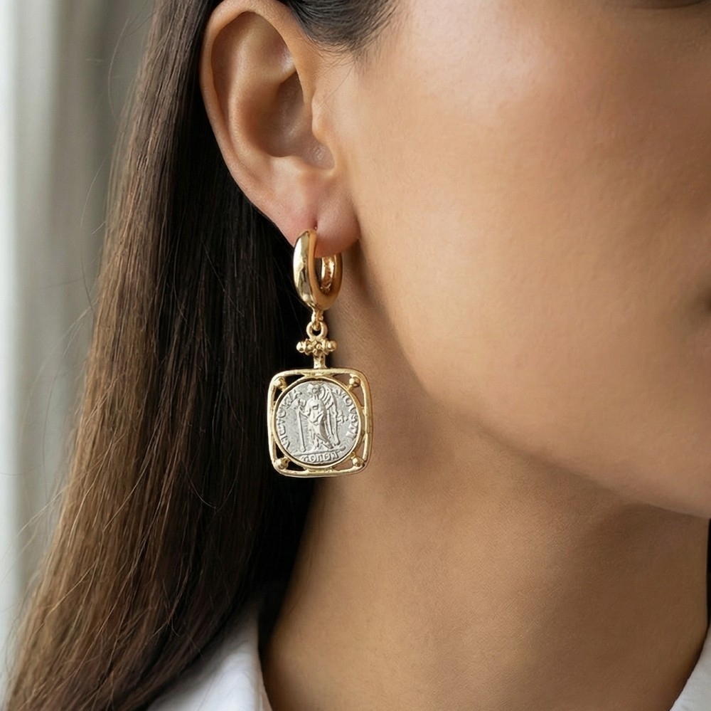 Square Two Tone Saint Coin Charm Hoop Earrings
