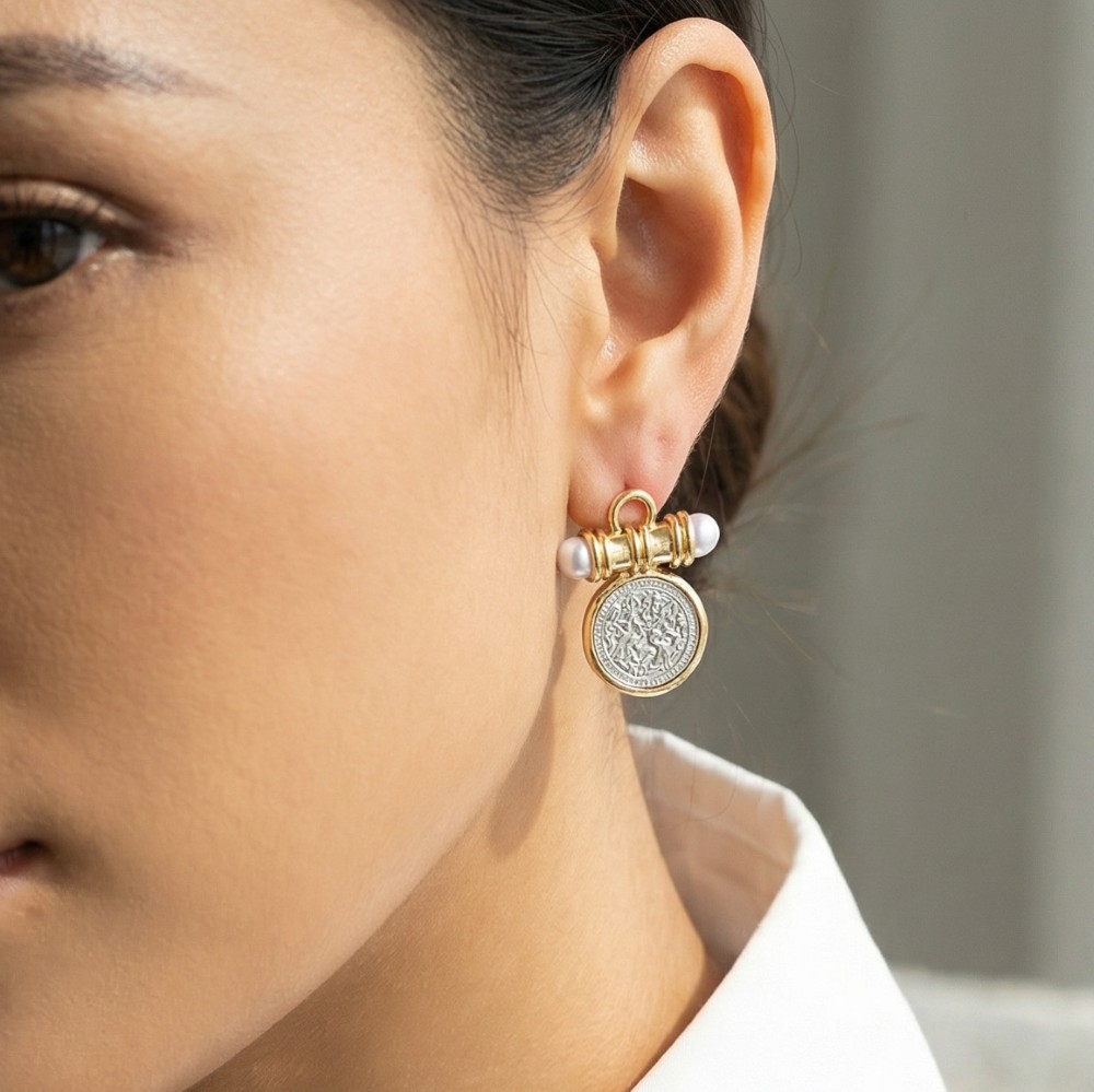 Pearl Bar Two Tone Coin Stud Earrings