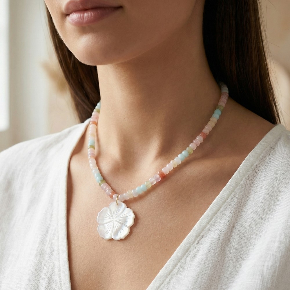 Shell Flower Pendant Mixed Beaded Necklace