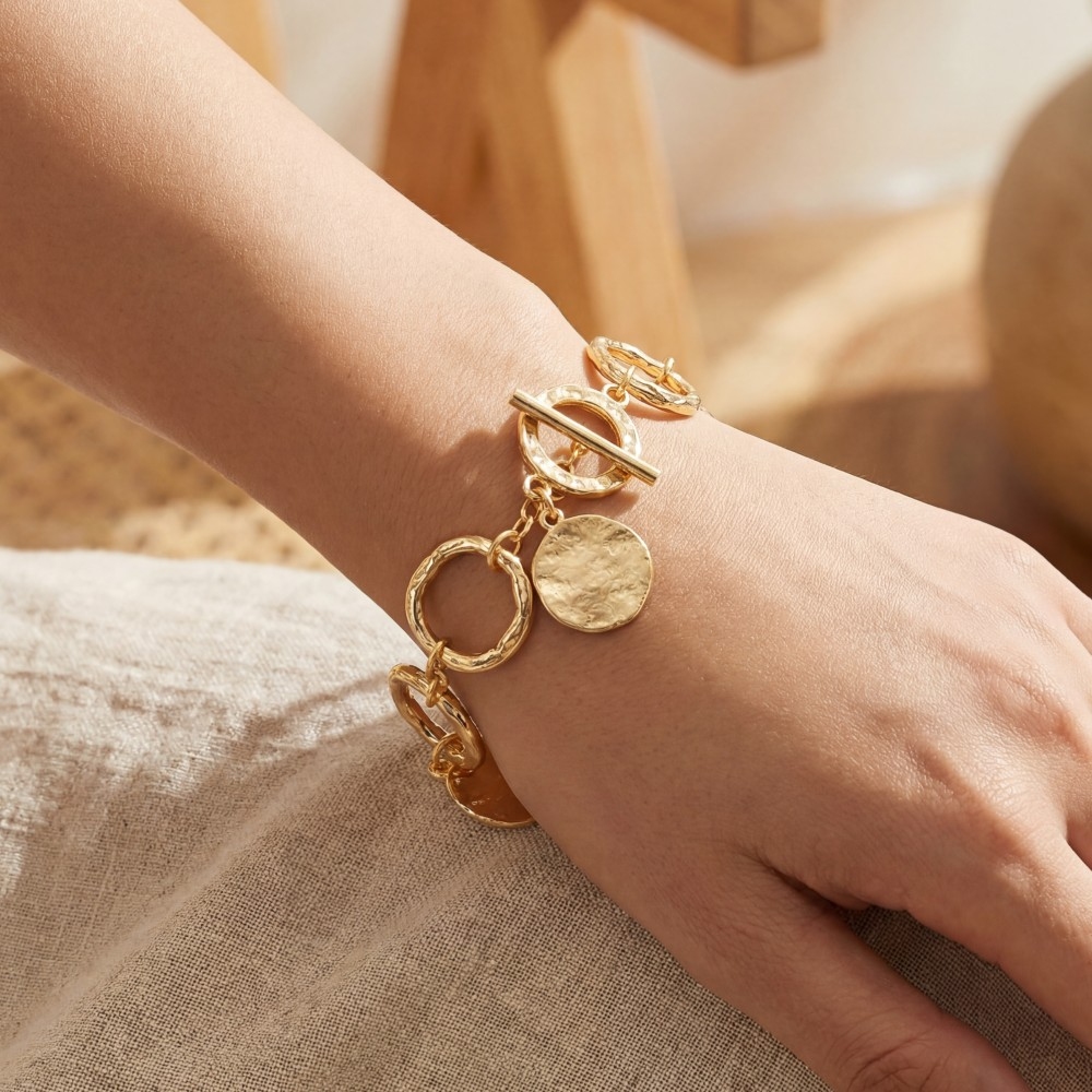 Warped Hoop And Coins Chain Bracelet