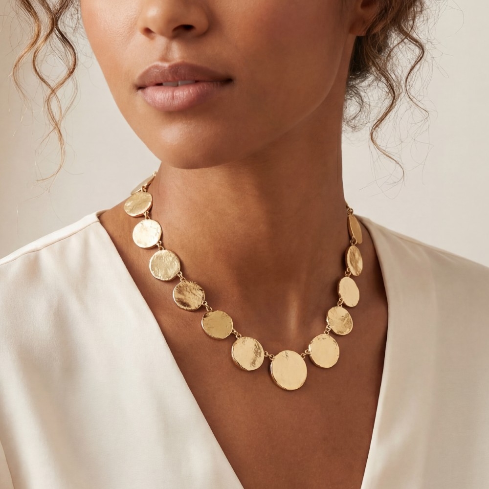Large Textured Coins Statement Necklace