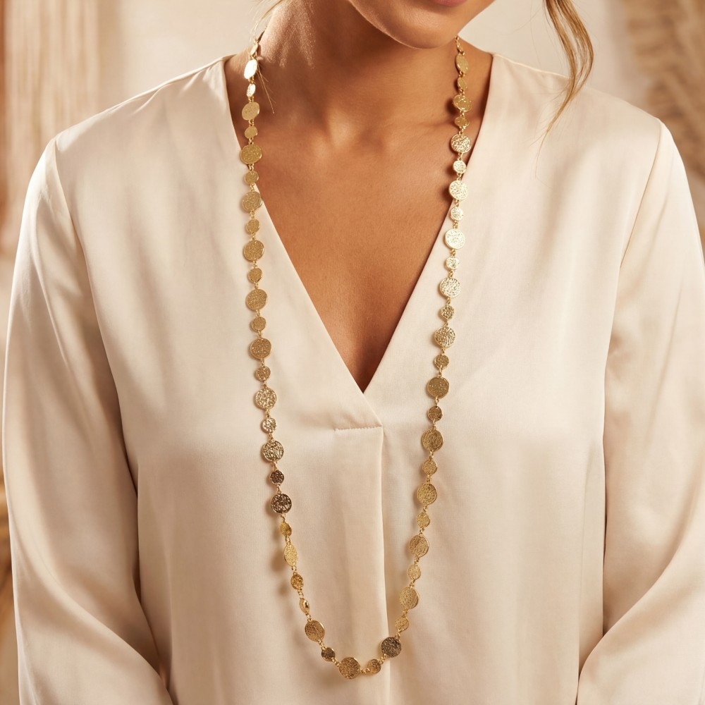 Mixed Textured Coins Long Chain Necklace