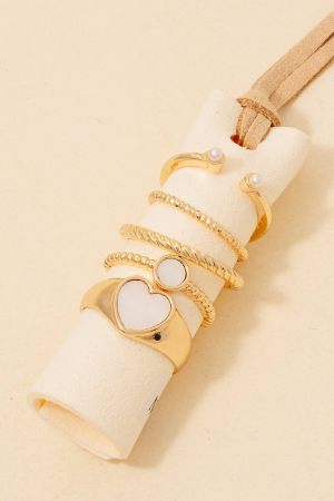 5Pc Heart And Pearl Band Rings Set