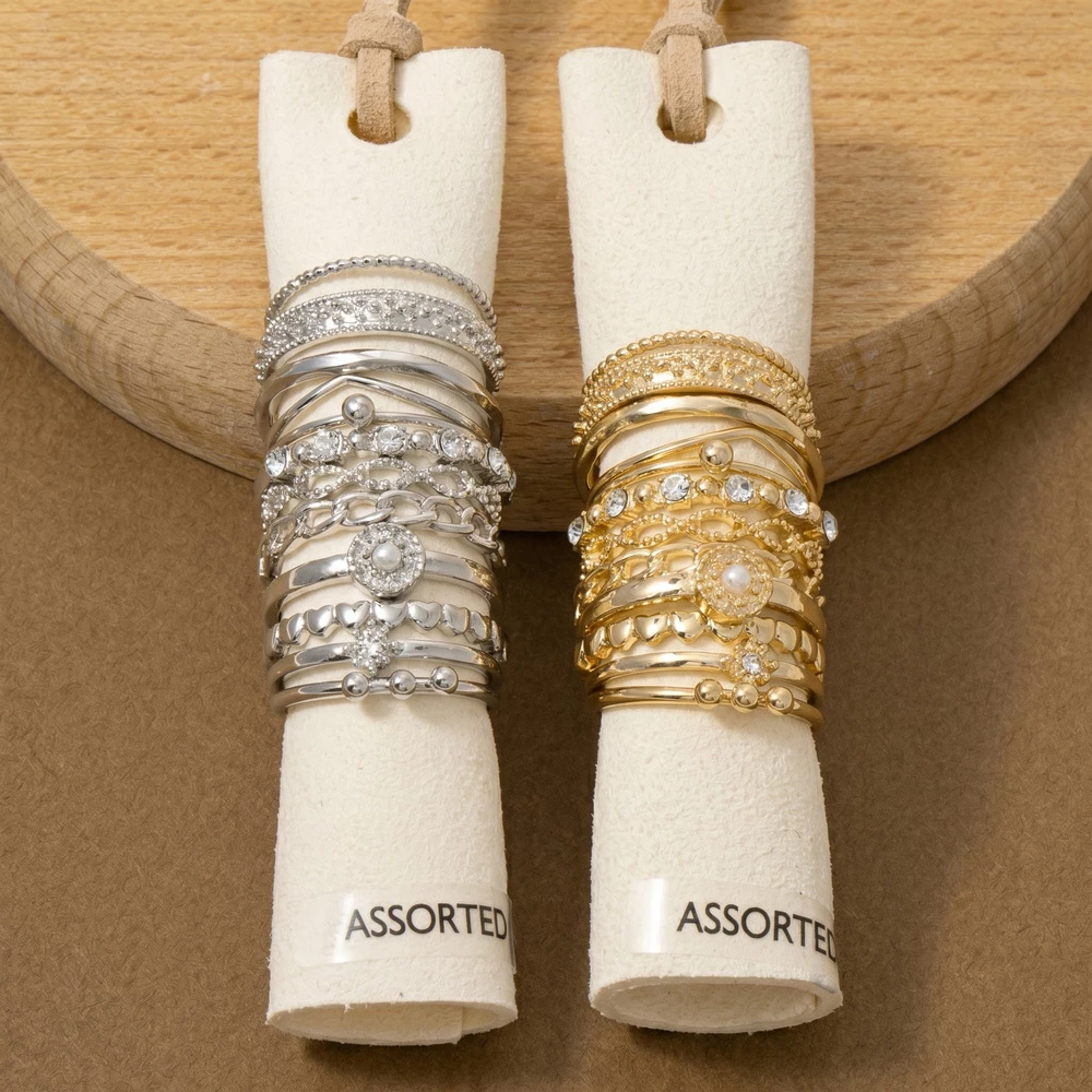 Crystal Heart And Cluster Stacking Ring Set