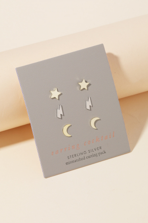 Sterling Silver Moon Lightning Star Stud Earring Set
