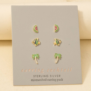 Sterling Silver Cz Pave Mixed Stud Earrings Set