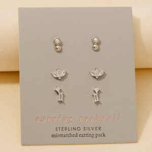 Mixed Sterling Silver Cz And Pearl Stud Earrings Set