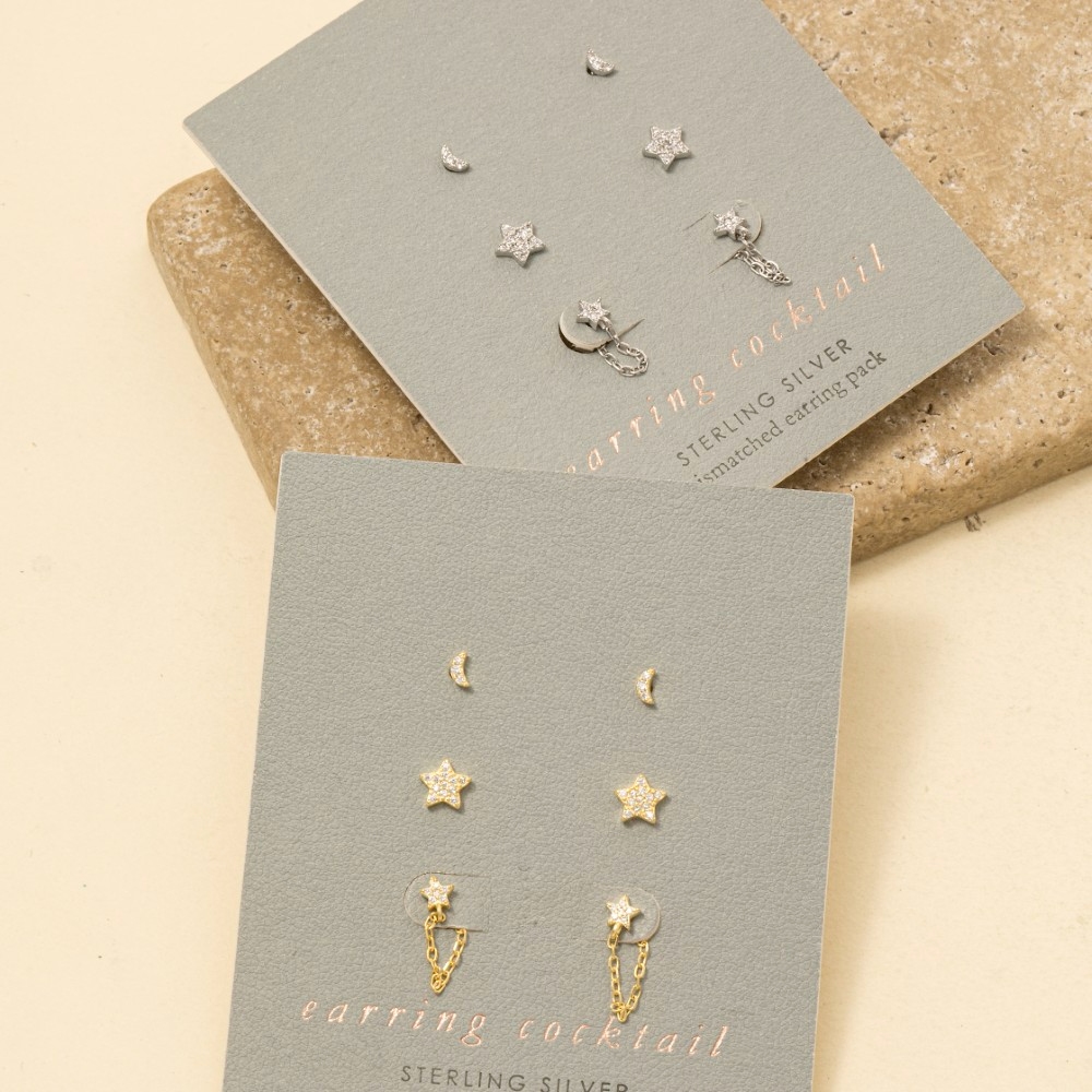 Sterling Silver Cz Stars And Moon Stud Earrings Set